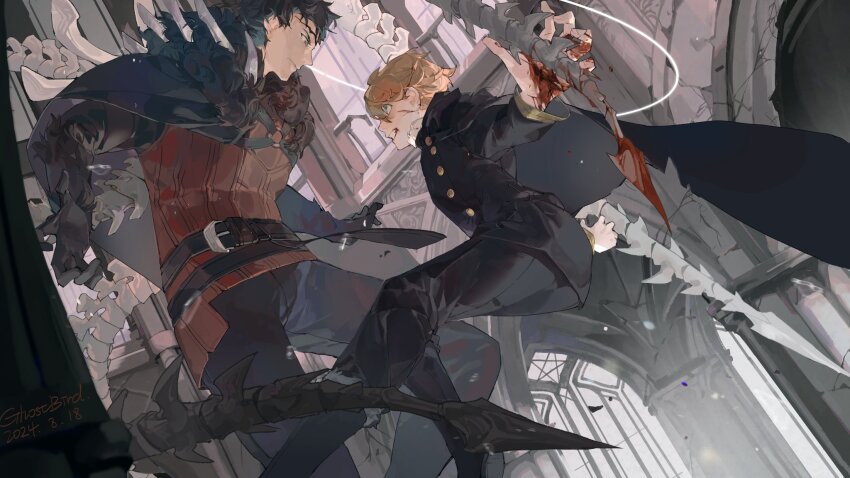 2boys aristocratic_clothes battle belt black_belt black_cape black_clover black_hair black_jacket black_pants black_sleeves blood blood_from_mouth blood_on_face blood_on_hands blue_eyes bone bone_weapon brown_hair brown_vest cape clenched_teeth cuts eye_contact facial_mark forehead_mark from_side frown fur-trimmed_cape fur_trim highres indoors injury jacket langris_vaude long_sleeves looking_at_another male_focus midair multiple_belts multiple_boys pants profile short_hair teeth tendril v-shaped_eyebrows vest xingji20108 zenon_zogratis
