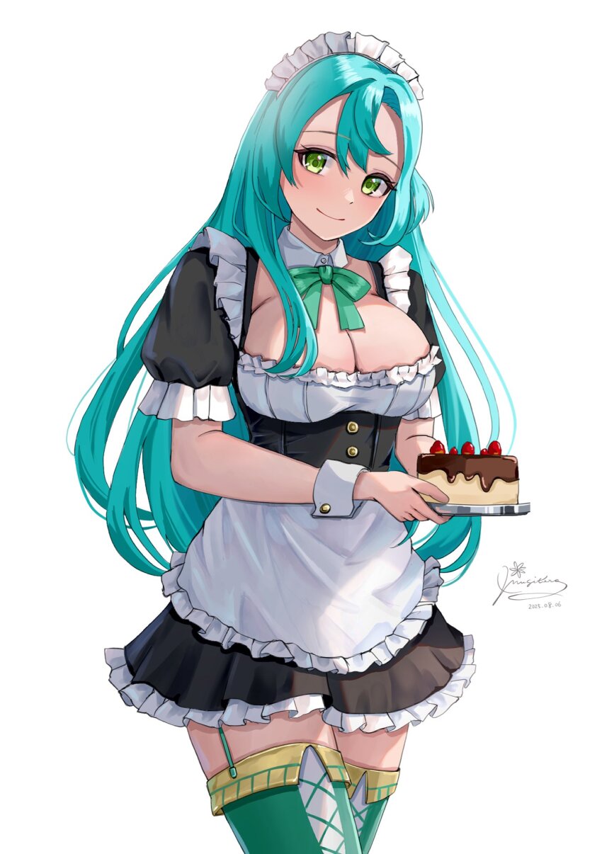 1girl alternate_costume apron aqua_hair black_dress bow bowtie breasts cake chloe_(fire_emblem) cleavage closed_mouth dated dress fire_emblem fire_emblem_engage food green_bow green_bowtie green_eyes hair_between_eyes highres large_breasts long_hair looking_at_viewer maid maid_apron maid_headdress mugitoro_(dsfv2277) nintendo puffy_short_sleeves puffy_sleeves short_sleeves signature smile solo thighhighs thighs very_long_hair white_background wrist_cuffs