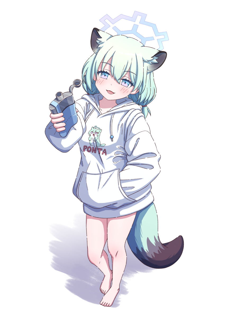 1girl :d absurdres alternate_costume animal_ear_fluff animal_ears barefoot blue_archive blue_halo blush commentary_request extra_ears eyelashes flask full_body green_hair hair_between_eyes halo hand_in_pocket highres hip_flask holding holding_flask hood hood_down hoodie long_sleeves looking_at_viewer low_twintails medium_hair mugisepa open_mouth puffy_long_sleeves puffy_sleeves purple_eyes reaching reaching_towards_viewer shigure_(blue_archive) simple_background smile solo sparkling_eyes standing tail toes twintails weasel_ears weasel_girl weasel_tail white_background white_hoodie
