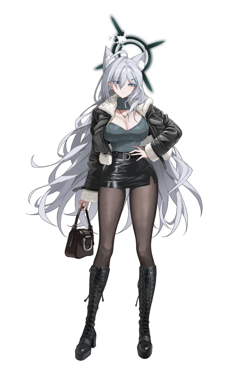 1girl 4meart0112 absurdres alternate_costume animal_ear_fluff animal_ears bag black_bag black_boots black_jacket black_pantyhose black_skirt blue_archive boots breasts broken_halo cleavage closed_mouth commentary_request cross_hair_ornament fingernails full_body grey_eyes grey_hair hair_between_eyes hair_ornament halo hand_on_own_hip handbag heterochromia high_heel_boots high_heels highres holding holding_bag jacket large_breasts long_hair looking_at_viewer open_clothes open_jacket pantyhose shiroko_terror_(blue_archive) skirt solo standing very_long_hair wolf_ears