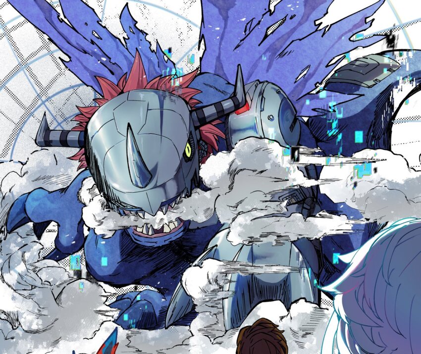 ayumuminato blue_scales claw_(weapon) cyborg digimon digimon_(creature) digimon_paradox dinosaur elecmon eve_(digimon) helmet mechanical_arms metalgreymon_(virus) red_hair sharp_teeth shinonome_reiji single_mechanical_arm solo_focus teeth torn_wings weapon wings