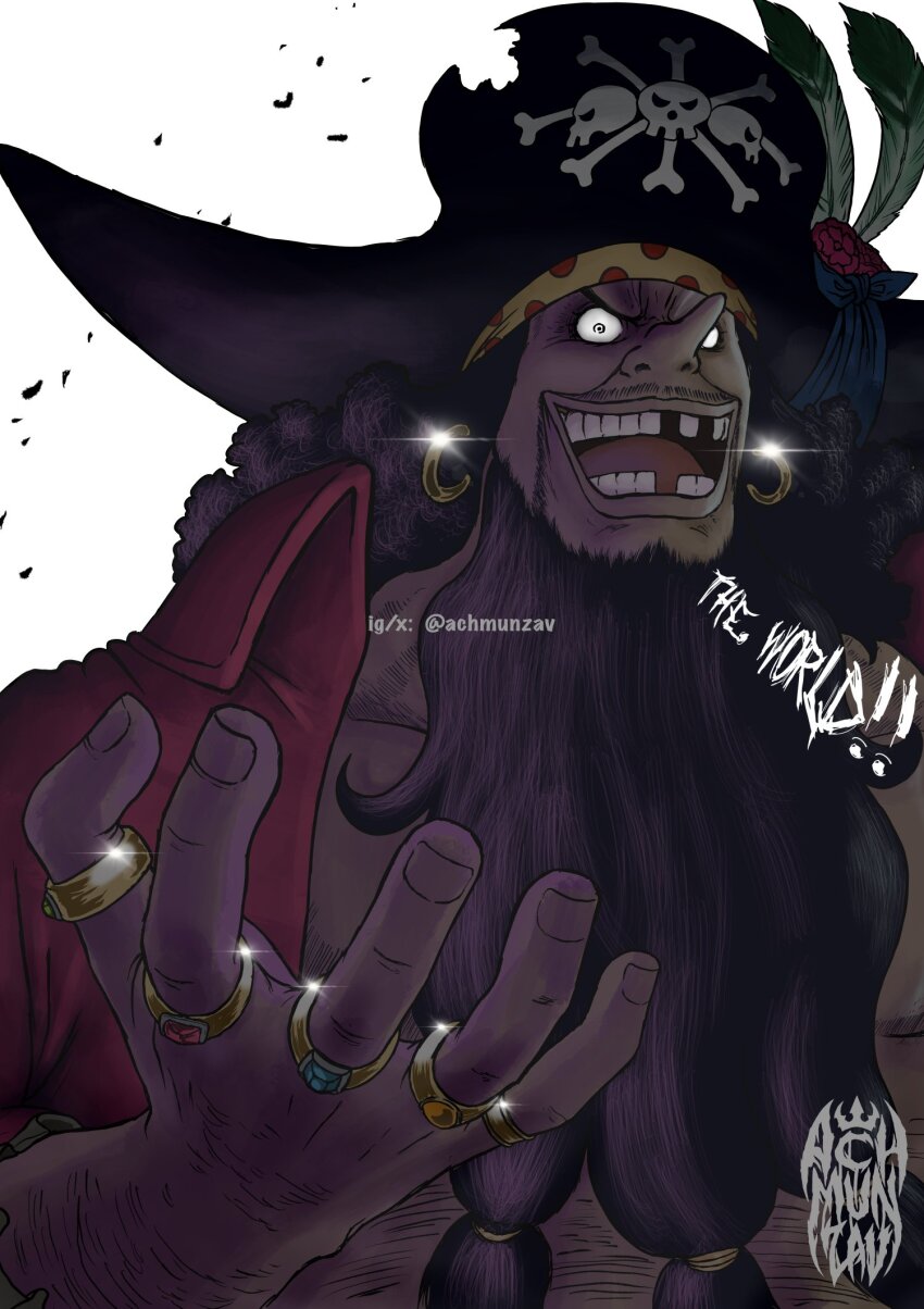 ! !! 1boy achmunzav beard black_hair commentary earrings english_commentary english_text facial_hair flower hat hat_flower highres hoop_earrings instagram_username jewelry long_hair male_focus marshall_d._teach missing_tooth multiple_rings mustache_stubble one_piece open_mouth pirate_hat ring signature skull_and_crossbones smile solo stubble teeth twitter_username