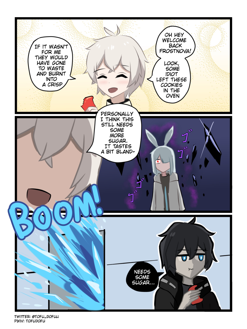 1girl 2boys 3koma angry animal_ears arknights christmas closed_eyes comic cryokinesis english_text faust_(arknights) frostnova_(arknights) gingerbread_cookie highres holding ice insult mephisto_(arknights) multiple_boys originium_arts_(arknights) rabbit_ears rabbit_girl right-to-left_comic sound_effects speech_bubble tofudofu white_hair