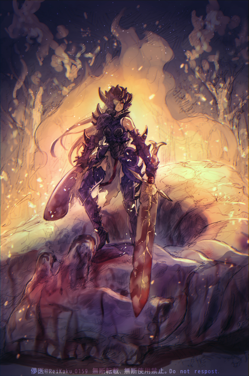 1girl absurdres armor blood bloody_weapon breastplate cuisses dragon dragon_horn_hunter duel_monster faulds gauntlets greaves grey_hair hair_over_one_eye helmet highres holding holding_sword holding_weapon huge_weapon leg_armor long_hair pauldrons poleyn red_eyes shoulder_armor single_bare_shoulder single_pauldron solo sugomori_tsuru_(hana_tsuru_wo) sword weapon yu-gi-oh!