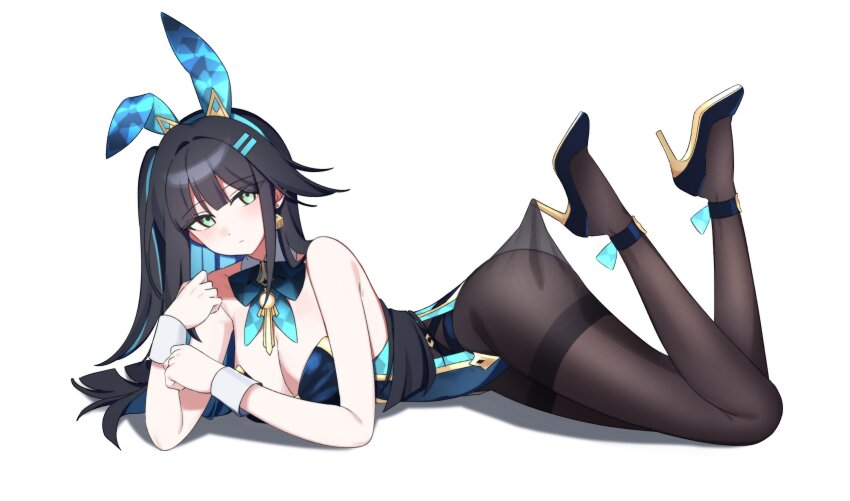 1girl abigail_(black_survival) abigail_(poker_face)_(black_survival) absurdres animal_ears bare_shoulders black_hair black_shoes black_survival blue_leotard bow bowtie breasts brown_pantyhose cleavage closed_mouth clothes_pull colored_inner_hair commentary detached_collar eternal_return:_black_survival fake_animal_ears green_eyes hair_ornament hairband hairclip high_heels highleg highleg_leotard highres lace_pantyhose_hooked_on_heel_(meme) legs_up leotard long_hair looking_at_viewer lying medium_breasts multicolored_hair official_alternate_costume on_stomach one_side_up pantyhose pantyhose_pull playboy_bunny pulling_own_clothes rabbit_ears shoes simple_background solo strapless strapless_leotard streaked_hair taenyaki the_pose thighband_pantyhose white_background wrist_cuffs
