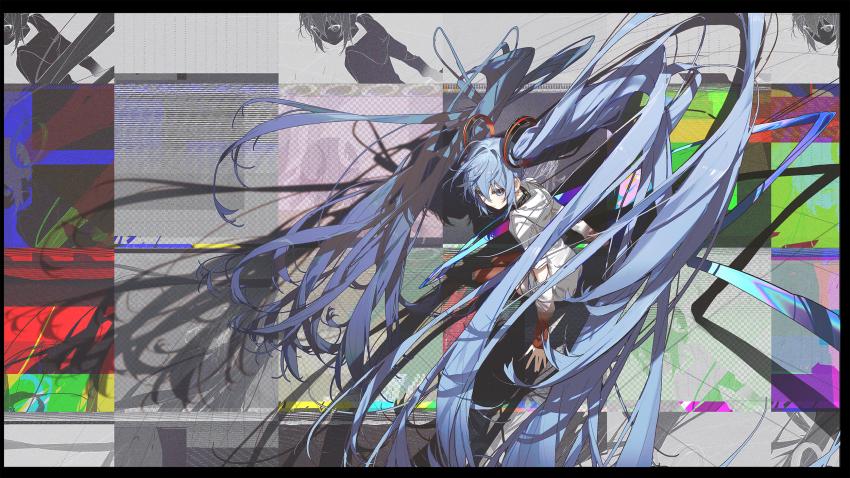 1girl black_choker blue_eyes blue_hair blush choker closed_mouth elbow_cutout from_above from_side glitch hair_between_eyes hatsune_miku highres hood hoodie kieed long_hair looking_at_viewer red_thighhighs shorts solo thighhighs very_long_hair vocaloid white_hoodie white_shorts