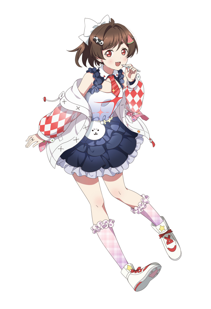 1girl :d absurdres argyle_clothes argyle_sleeves black_dress bow brown_hair chinese_commentary coat collarbone commentary_request cosplay detached_collar dress frilled_dress frilled_socks frills full_body hair_bow hajimari_wa_kimi_no_sora highres holding holding_stylus jingshenquan long_sleeves love_live! love_live!_superstar!! necktie off_shoulder open_clothes open_coat open_mouth original pink_socks puffy_long_sleeves puffy_sleeves red_eyes red_necktie shoes short_eyebrows short_hair simple_background sleeveless sleeveless_dress smile sneakers socks solo star_(symbol) stylus tachi-e teeth thick_eyebrows upper_teeth_only white_background white_bow white_coat white_dress white_shoes