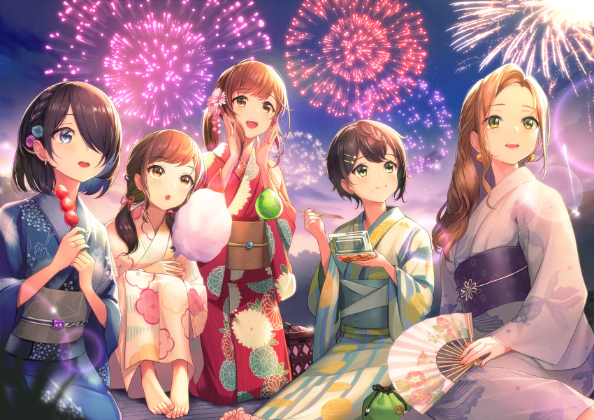 5girls :d :o :t aerial_fireworks barefoot blue_kimono braid brown_hair brown_sash character_request closed_mouth cotton_candy earrings eating enogu fireworks floral_print flower folding_fan food glint green_eyes hair_flower hair_ornament hair_over_one_eye hair_ribbon hairclip hanabi_(akashic_chronicle) hand_fan hands_up highres holding holding_cotton_candy holding_fan holding_food iwamotochou_geinousha japanese_clothes jewelry kagawa_ichigo kimono kinchaku long_hair long_sleeves looking_up low_twintails medium_hair mole mole_under_eye multiple_girls nail_polish night night_sky obi one_eye_covered open_mouth outdoors parted_lips pink_nails pink_ribbon pouch purple_eyes purple_sash red_kimono ribbon ring sash short_hair sitting sky smile striped_clothes striped_kimono toenail_polish toenails twintails virtual_youtuber wide_sleeves yellow_eyes yukata
