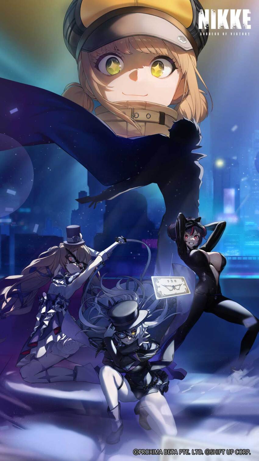 4girls arms_up artist_request black_bodysuit blonde_hair bodysuit breasts card character_request cleavage commentary copyright_name copyright_notice cropped crossed_arms cuffs double_bun eye_mask gloves goddess_of_victory:_nikke grin hair_bun hair_lift handcuffs hat heterochromia high_heels highres kneeling large_breasts latex latex_bodysuit latex_gloves long_hair looking_at_viewer low_twintails miranda_(nikke) miranda_(thief_of_justice)_(nikke) multicolored_hair multiple_girls official_art open_bodysuit open_clothes pantyhose phantom_(nikke) playing_card quency_(escape_queen)_(nikke) quency_(nikke) red_eyes smile squatting star-shaped_pupils star_(symbol) streaked_hair symbol-shaped_pupils top_hat twintails white_pantyhose wide_shot
