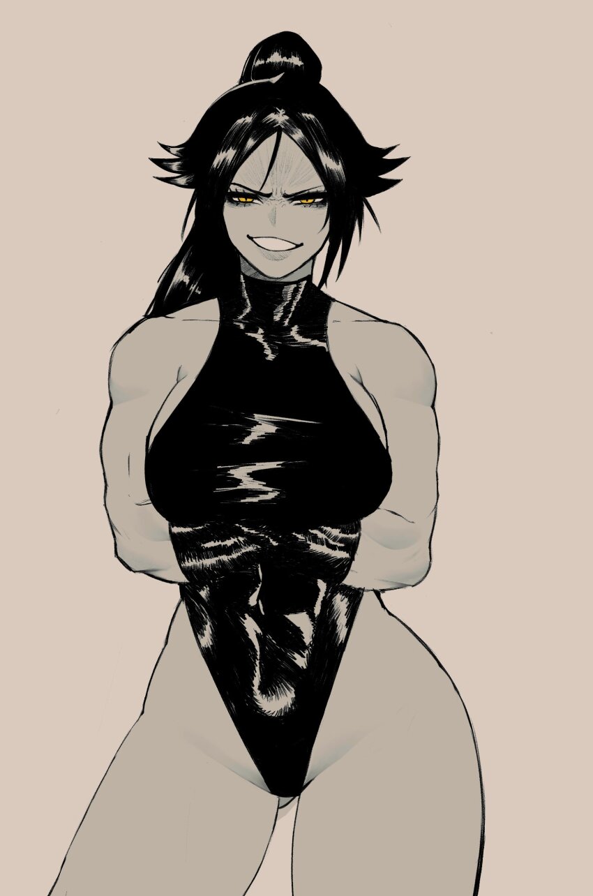 1girl absurdres arms_under_breasts bare_shoulders bleach breasts commentary contrapposto covered_abs covered_collarbone covered_navel cullieon english_commentary gloves gluteal_fold greyscale grin hair_between_eyes half-closed_eyes highleg highleg_leotard highres large_breasts leotard long_hair looking_at_viewer monochrome parted_bangs ponytail shihouin_yoruichi smile solo spot_color thighs toned toned_female yellow_eyes