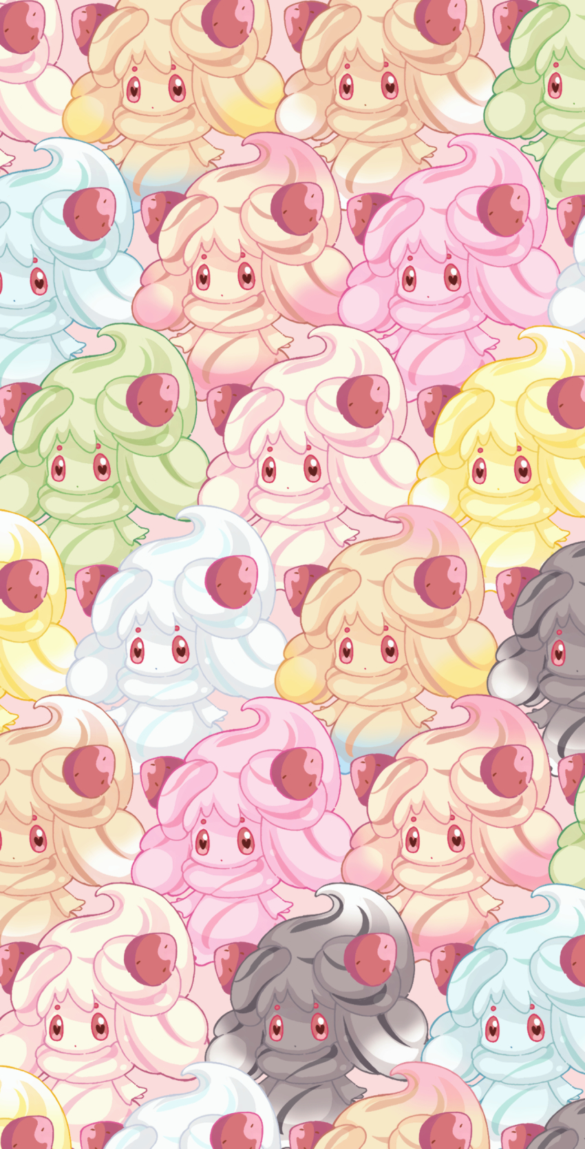 absurdres alcremie alcremie_(caramel_swirl) alcremie_(lemon_cream) alcremie_(matcha_cream) alcremie_(mint_cream) alcremie_(rainbow_swirl) alcremie_(ruby_cream) alcremie_(ruby_swirl) alcremie_(salted_cream) alcremie_(strawberry_sweet) alcremie_(vanilla_cream) alternate_color brown_background closed_mouth commentary_request food fruit gen_8_pokemon heart heart-shaped_pupils highres looking_at_viewer nintendo no_humans pikomarie pokemon pokemon_(creature) red_eyes simple_background strawberry symbol-shaped_pupils too_many