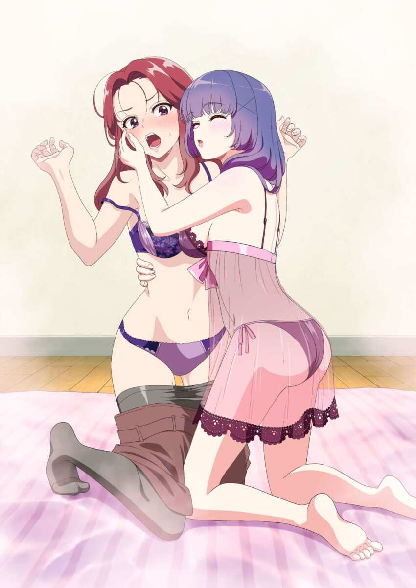 2girls ^_^ android_wa_keiken_ninzuu_ni_hairimasu_ka?? bare_shoulders barefoot blue_hair blush closed_eyes dress fingernails hand_on_another&#039;s_cheek hand_on_another&#039;s_face highres indoors long_hair midriff multiple_girls nadeshiko_(android_wa_keiken_ninzuu_ni_hairimasu_ka??) official_art open_mouth pale_skin partially_undressed pink_lips purple_eyes red_hair see-through_clothes see-through_dress sweat tsuda_akane yuri