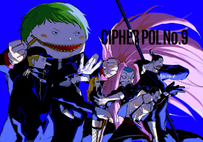 1girl 6+boys azisaiharumaki56 beard black_dress black_gloves black_hair black_jacket black_pants blonde_hair blue_background blueno blush_stickers braid braided_ponytail crossed_arms dress facial_hair fishnet_thighhighs fishnets fukurou_(one_piece) glasses gloves green_hair hands_in_pockets hat hattori_(one_piece) highres holding holding_weapon jabra_(one_piece) jacket kaku_(one_piece) kalifa_(one_piece) kumadori_(one_piece) long_nose looking_ahead multiple_boys necktie one_piece open_clothes open_jacket pants pink_hair rob_lucci sash sidelocks simple_background thighhighs twitter_username weapon zipper