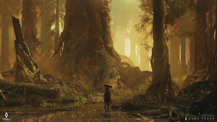 1boy absurdres back commentary english_commentary forest game_freak hat highres in_water nature official_art outdoors plant_roots solo standing tree water yellow_theme