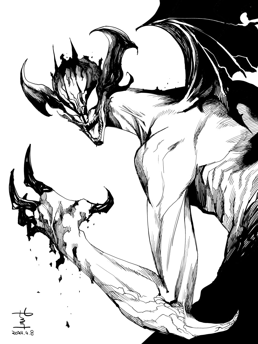 1boy absurdres claws cleft_chin demon demon_boy demon_wings devilman devilman_(character) head_wings highres large_head_wings male_focus manabu_yashiro multiple_wings open_mouth sharp_teeth smile solo teeth wings
