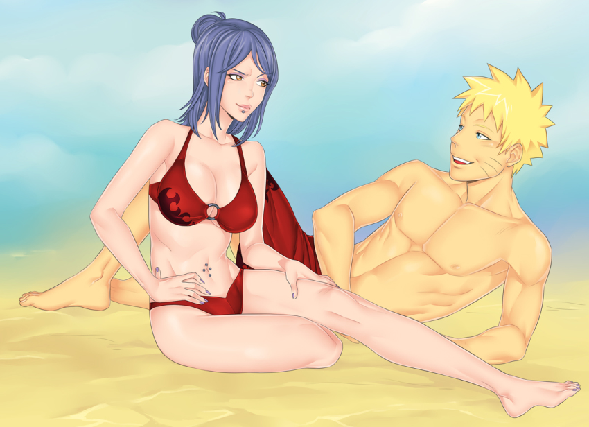 1boy 1girl abs beach bikini blonde_hair blue_eyes blue_nails breasts cleavage facial_mark flame_print konan_(naruto) labret_piercing large_breasts linart male_swimwear nail_polish naruto_(series) naruto_shippuuden navel navel_piercing o-ring o-ring_bikini orange_eyes piercing print_bikini print_male_swimwear print_swim_trunks red_bikini red_male_swimwear red_swim_trunks sand smile swim_trunks swimsuit uzumaki_naruto whisker_markings