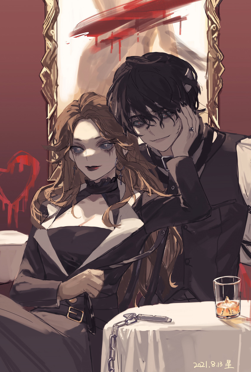 1boy 1girl absurdres ada_mesmer ada_mesmer_(discipline) alcohol black_hair black_nails blood brown_hair button_eyes buttons chain choker couple earrings emil_(blind_devotion)_(identity_v) emil_(identity_v) formal_clothes glass hand_on_another&#039;s_face highres holding identity_v jewelry long_hair looking_at_viewer nail_polish panni_xing red_lips ring smile suit vest