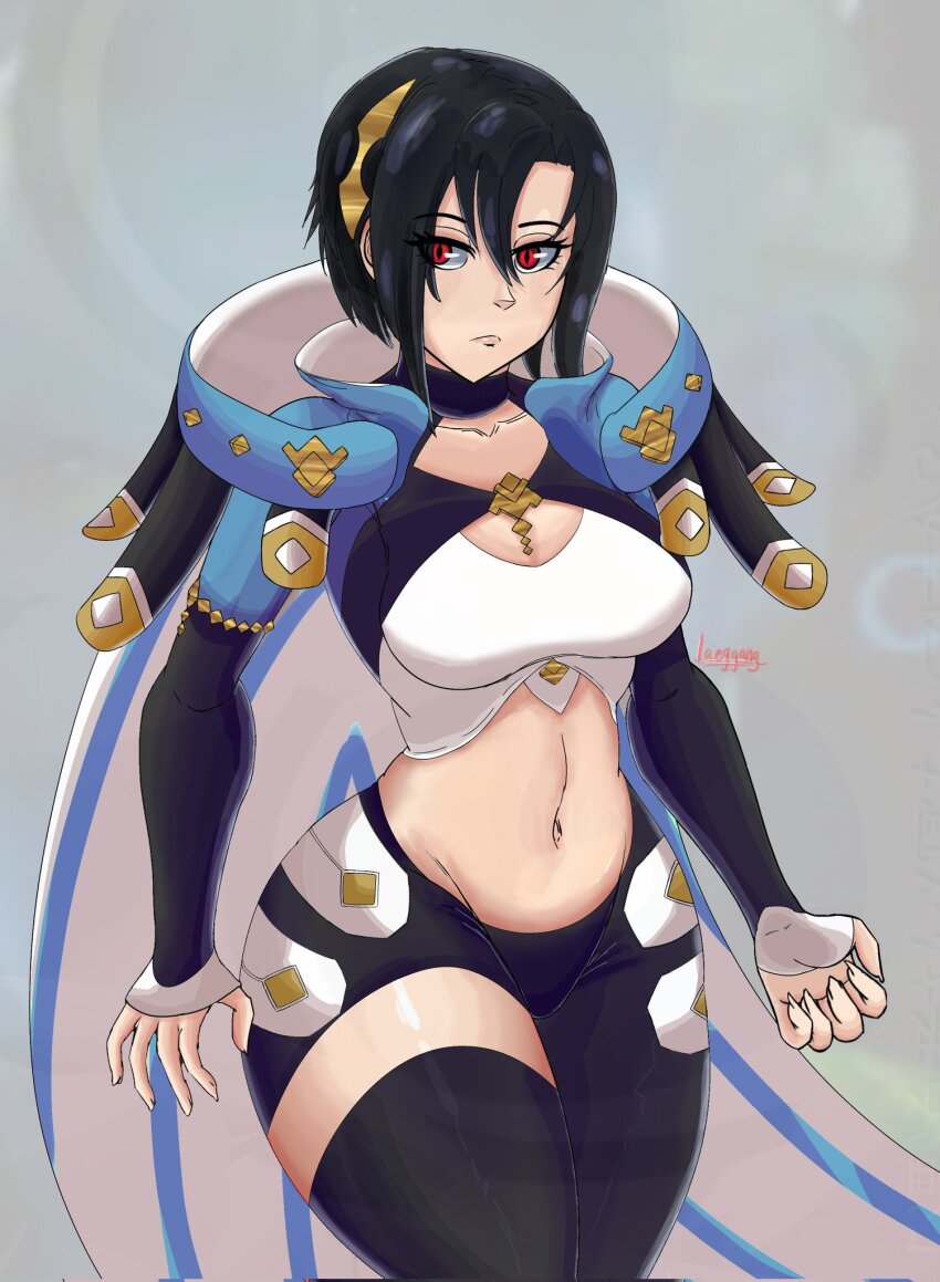 1girl asymmetrical_clothes asymmetrical_pants black_bridal_gauntlets black_hair black_leggings black_pants bridal_gauntlets clothing_cutout crop_top fire_emblem fire_emblem_engage highres laeggang leg_cutout leggings midriff nel_(fire_emblem) nintendo pants red_eyes sage_outfit_(fire_emblem_engage) single_pantsleg stomach_cutout