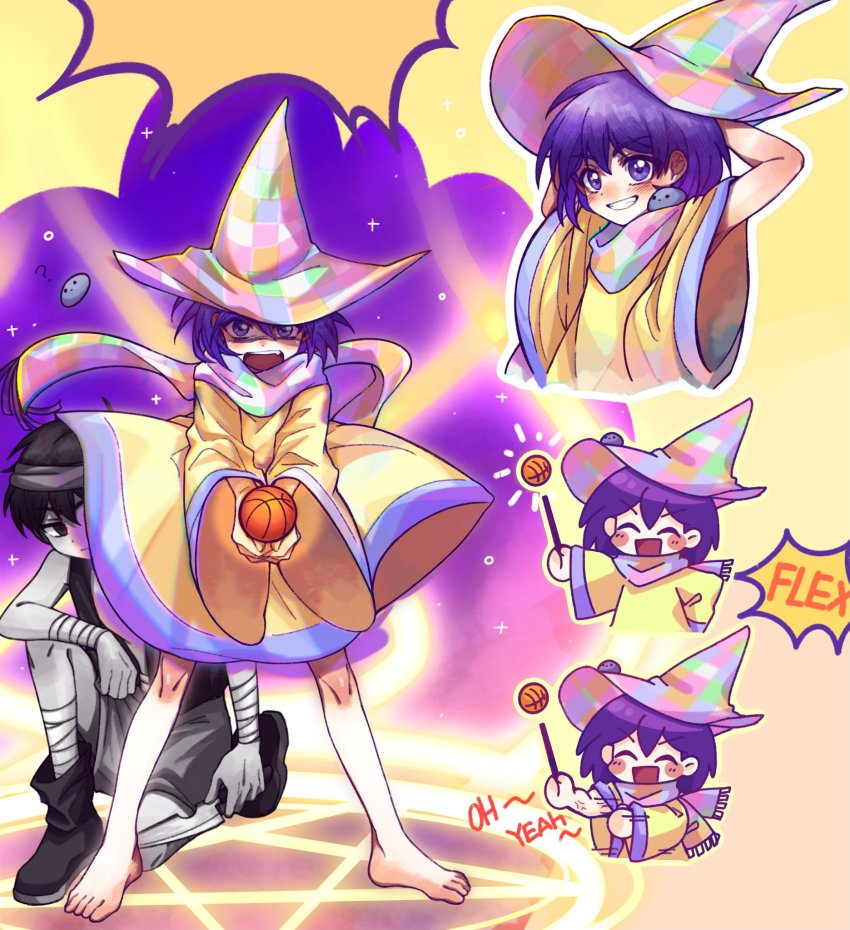 2boys ball barefoot basketball basketball_(object) black_eyes black_hair blush colored_skin hat highres kel_(headspace)_(omori) kel_(omori) linglanjunying looking_at_viewer multiple_boys omori omori_(omori) open_mouth pet_rock purple_eyes purple_hair short_hair smile white_skin wizard_hat
