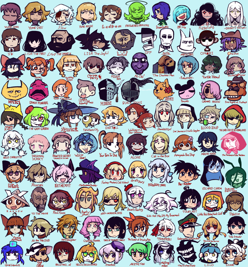 .flow 1bitheart 6+boys 6+girls :&gt; @_@ absurdres akemi-tan alicemare allen_llewellyn anchor_hat_ornament androgynous animal_hat answered_prayers ao_oni aria&#039;s_story aria_(aria&#039;s_story) aya_drevis bald bandage_over_one_eye baseball_cap baseball_uniform black_eyes black_hair black_sclera black_souls black_tank_top bleeding blonde_hair blood blue_eyes blue_hairband blue_oni blunt_bangs blush bow bow_hairband bowl_cut brad_armstrong braid brown_hair buddy_(lisa) cat_hat character_request charlotte_wiltshire chibi chidouin_sara chie_(lcddem) claire_elford closed_eyes closed_mouth colored_sclera colored_skin copyright_name copyright_request corpse_party cosmo_and_wadda crooked_man_(the_crooked_man) crossed_bangs crying dark_skin dice_hair_ornament dreaming_mary dress eddie_(woasu) efina elisabeth_faust end_roll escaped_chasm expressionless faceless faceless_female fausts_alptraum five_nights_at_freddy&#039;s fleshchild flower fluorette folded_ponytail freddy_fazbear fukuro_(woasu) funamusea green_eyes green_skin grey_hair grimm_(black_souls) haiiro_teien hair_between_eyes hair_bow hair_flower hair_ornament hair_ribbon hairband harriet_lily hat hat_bow hat_ornament head_only headgear hello_charlotte hero_and_daughter highres higyaku_no_noel horns hylics ib_(ib) ib_(kouri) johnathan_wyles kanzaki_shiori kihara_kashin kimi_ga_shine kirisame_ga_furu_mori kurai_yonaka lcddem lieat light_bulb lisa_(series) lisa_armstrong lisa_the_first lisa_the_joyful lisa_the_painful little_red_riding_hood lonely_girl_(escaped_chasm) long_hair mad_father madotsuki majo_no_ie mary_(dreaming_mary) messy_hair misao mogeko_castle moochasu multiple_boys multiple_girls nakashima_naomi nanase_yoshi narukami_aki niko_(oneshot) non-humanoid_robot off_(game) old old_man omori omori_(omori) one-eyed oneshot_(game) oni oounabara_to_wadanohara open_mouth orange_hair phillip_(space_funeral) pink_eyes pink_hair pocket_mirror ponytail protagonist_(pocket_mirror) purple_eyes rabbit_hair_ornament rachel_gardner ralph_(hero_and_daughter) re:kinder red_eyes ribbon robot robot_animal russell_seager sabitsuki sailor_hat satsuriku_no_tenshi shimoda_shimoko short_hair single_horn slit_pupils space_funeral sparkle sparkling_eyes sportswear stitches stray_cat_crossing streaming_tears takano_shunsuke tales_of_the_black_forest tank_top tears the_batter_(off) the_crooked_man the_oni_(ao_oni) to_the_moon towelket_wo_mou_ichido turtle_head turtleneck twin_braids twintails urotsuki usotsuki viola_(majo_no_ie) visi_(fleshchild) wadanohara walking_on_a_star_unknown wayne_(hylics) white_dress white_hair white_skin witch&#039;s_heart witch_hat x_hair_ornament yellow_eyes yellow_sclera yellow_skin yosafire_(funamusea) yume_2kki yume_nikki yume_nisshi