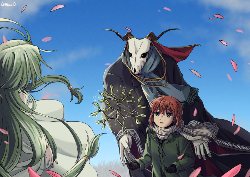 1boy 2girls absurdres animal_head animal_skull black_coat black_gloves blue_sky brigid_(mahou_tsukai_no_yome) coat day delfuze elias_ainsworth falling_petals floating floating_hair gloves green_coat hatori_chise highres horns long_hair long_sleeves mahou_tsukai_no_yome multiple_girls outdoors parted_lips petals scarf skull_head sky very_long_hair white_gloves white_scarf winter_clothes