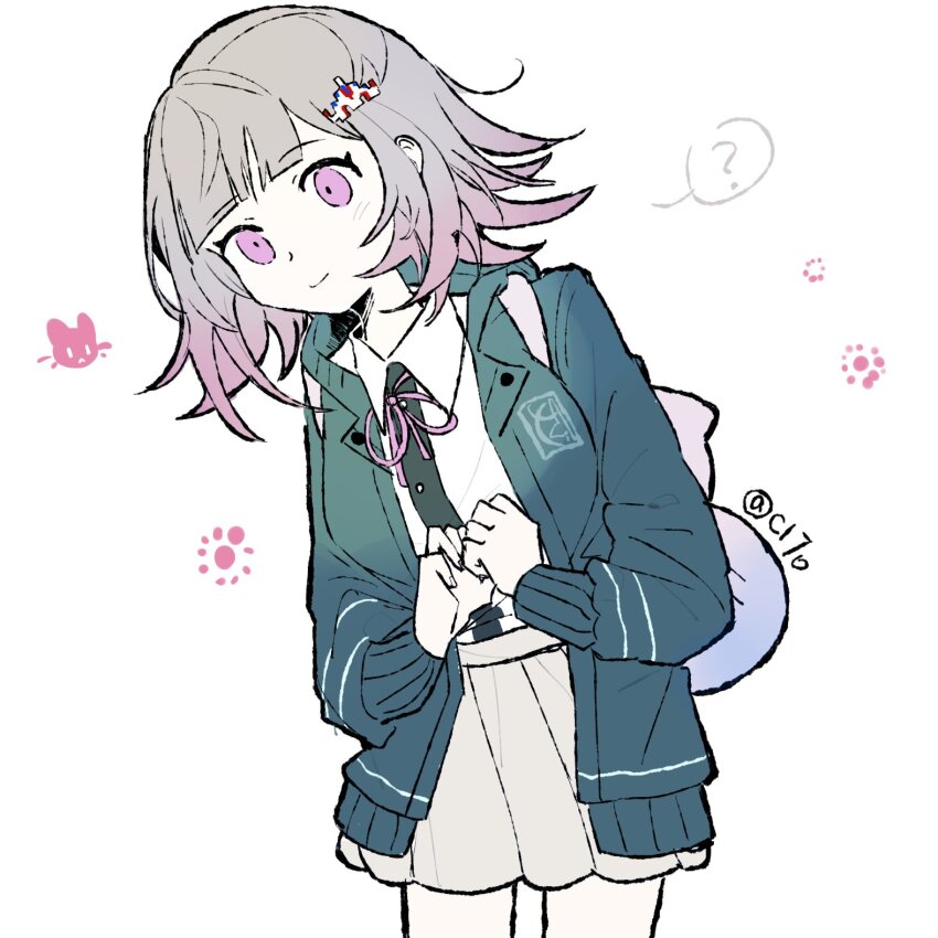 1girl ? backpack bag black_shirt blunt_bangs blush breasts brown_hair cha_c170 cowboy_shot danganronpa_(series) danganronpa_2:_goodbye_despair dress_shirt galaga hair_ornament highres jacket large_breasts leaning_forward long_sleeves miniskirt multicolored_hair nanami_chiaki neck_ribbon open_clothes open_jacket pink_eyes pink_hair pink_ribbon pleated_skirt ribbon shirt skirt smile speech_bubble spoken_question_mark two-tone_hair two-tone_shirt white_shirt