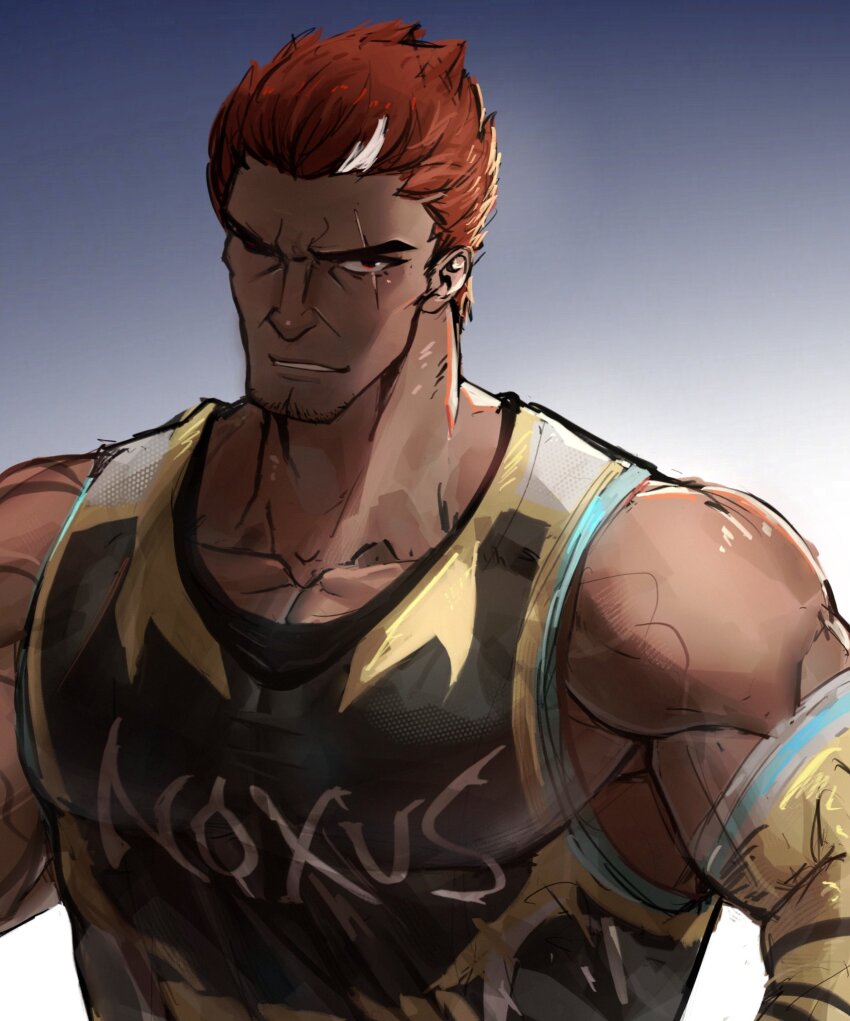 1boy alternate_costume beard_stubble darius_(league_of_legends) elbow_gloves facial_hair gloves highres league_of_legends looking_at_viewer male_focus manly mature_male multicolored_hair muscular muscular_arms muscular_male official_alternate_costume pectorals red_eyes red_hair scar silver_(ordinary_1) simple_background smirk solo stubble tank_top teeth thick_eyebrows white_hair