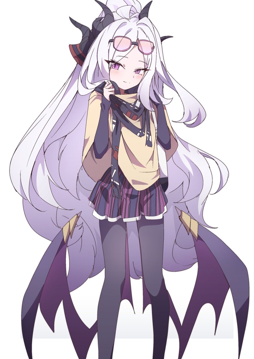 1girl absurdres ahoge blue_archive blush breasts demon_girl demon_horns demon_wings headphones highres hina_(blue_archive) horns long_hair looking_at_viewer low_wings purple_eyes simple_background skirt small_breasts solo standing sunglasses to_(tototo_tk) very_long_hair white_hair wings