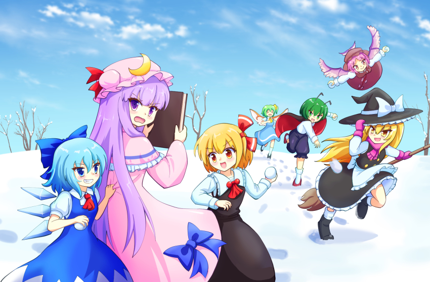 &gt;:) &gt;_&lt; 6+girls :&gt; :d :o antennae apron ascot back_bow bird_wings black_dress black_shoes black_shorts blonde_hair blue_bow blue_dress blue_eyes blue_hair blue_sky blush book bow breasts broom brown_dress buttons cape capelet chasing cirno cloud cloudy_sky collared_shirt commentary_request crescent crescent_hat_ornament crystal_wings daiyousei detached_wings dot_nose dress dress_bow dress_tug fairy_wings flying footprints frilled_capelet frills full_body green_eyes green_hair grin hair_bow hair_ribbon hat hat_bow hat_ornament highres holding holding_book holding_broom holding_snowball ice ice_wings kirisame_marisa large_bow long_hair long_sleeves looking_at_another looking_back medium_breasts mittens mob_cap multiple_girls mystia_lorelei open_mouth outdoors patchouli_knowledge pinafore_dress pink_bow pink_capelet pink_eyes pink_hair pink_hat pink_mittens pink_scarf puffy_short_sleeves puffy_sleeves purple_eyes purple_hair red_ascot red_bow red_cape red_eyes red_shoes ribbon rumia running scarf shirt shirt_under_dress shoes short_hair short_sleeves shorts side_ponytail sidelocks sky sleeveless sleeveless_dress smile snow snowball socks standing standing_on_one_leg striped_capelet team_9_(touhou) throwing touhou tree tress_ribbon v-shaped_eyebrows very_long_hair waist_apron white_bow white_shirt white_socks wing_collar winged_hat wings witch_hat wriggle_nightbug yellow_bow yellow_eyes yoruniwa