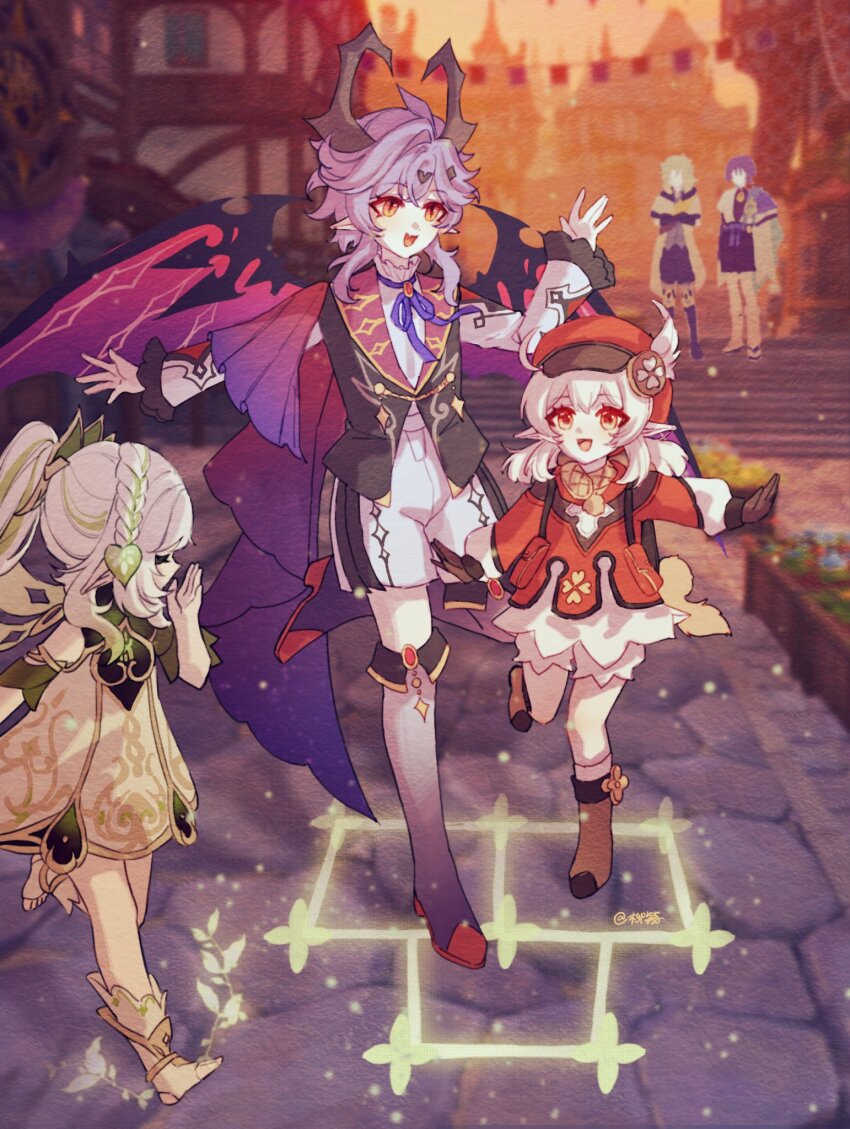 2girls 3boys ahoge aiguillette albedo_(genshin_impact) anklet armlet artist_name black_horns black_vest bloomers boots brown_boots brown_gloves building bunting cape closed_eyes covering_own_mouth crossed_bangs detached_sleeves dragon_horns dragon_wings dress durin_(real)_(genshin_impact) dusk european_architecture eyelashes facial_mark facing_another fang feathers foot_up forehead_mark frilled_sleeves frills genshin_impact gloves gold_trim green_cape green_hair green_sleeves grey_boots hair_ornament half_crown_braid hand_over_own_mouth hand_up hat hat_feather highres hopscotch horns humanization jewelry klee_(genshin_impact) lapels leaf leaf_hair_ornament long_hair long_sleeves mini_durin_(dragon)_(genshin_impact) mini_durin_(genshin_impact) mini_durin_(human)_(genshin_impact) mondstadt_city multicolored_hair multiple_boys multiple_girls nahida_(genshin_impact) newsboy_cap open_hands open_mouth orange_eyes orange_sky outstretched_arms playing pointy_ears pom_pom_(clothes) purple_cape purple_hair purple_ribbon purple_wings rainbowsugarflower red_brooch red_dress red_eyes red_hat red_sleeves ribbon scaramouche_(genshin_impact) scarf short_twintails shorts side_ponytail sidelocks skin_fang sky socks spiked_wings spoilers stairs stirrup_footwear streaked_hair tareme thigh_boots toes twintails two-tone_sleeves underwear vest wanderer_(genshin_impact) white_bloomers white_dress white_feathers white_hair white_shorts white_sleeves white_socks white_undershirt wings yellow_scarf