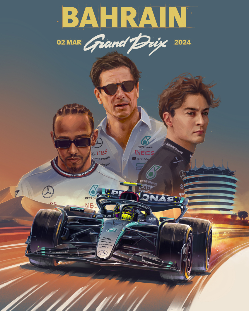 3boys absurdres andrew_mytro bahrain_international_circuit bahraini_flag black_shirt brown_hair car collared_shirt commentary desert driving english_commentary facial_hair formula_one formula_racer george_russell goatee grey_shirt hair_behind_ear highres lewis_hamilton male_focus mercedes-amg_f1_w14 mercedes-benz motor_vehicle multiple_boys official_art open_mouth petronas promotional_art race_vehicle racecar racetrack real_life shadow shirt sponsor sunglasses toto_wolff vehicle_focus