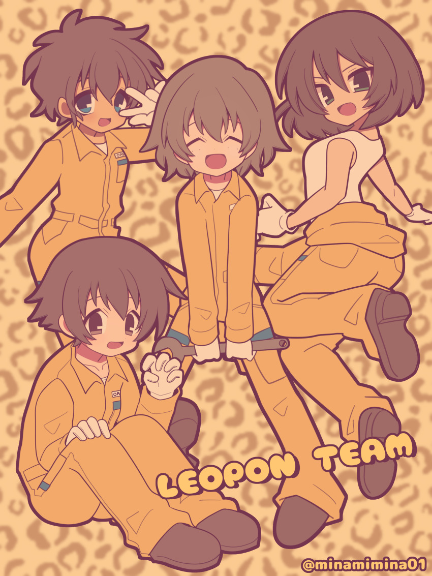 4girls absurdres animal_print black_shoes blue_eyes bob_cut brown_hair claw_pose clothes_around_waist commentary dark-skinned_female dark_skin english_text freckles girls_und_panzer gloves green_eyes highres holding holding_wrench hoshino_(girls_und_panzer) jumping jumpsuit leg_up long_sleeves looking_at_viewer looking_back mechanic messy_hair minami_mina multiple_girls nakajima_(girls_und_panzer) open_mouth orange_jumpsuit print_bag shoes sitting smile standing suzuki_(girls_und_panzer) tank_top tsuchiya_(girls_und_panzer) twitter_username v v_over_eye white_gloves white_tank_top wrench