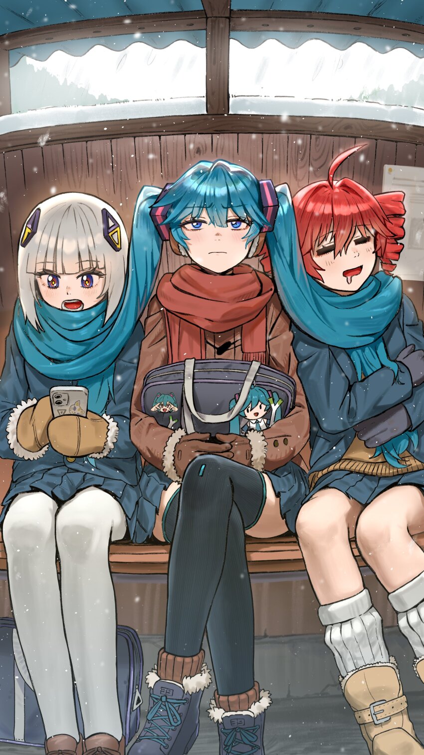 3girls absurdres ahoge alternate_costume bag_on_lap black_boots black_mittens blue_eyes blue_hair blue_jacket blue_skirt blunt_bangs blush boots brown_boots brown_coat brown_mittens bus_stop cellphone cevio coat crossed_legs diamond_hair_ornament drill_hair drooling feet_out_of_frame frown furrowed_brow girl_sandwich hair_ornament hair_scarf hatsune_miku highres holding holding_phone jacket kafu_(cevio) kamitsubaki_studio kasane_teto leg_warmers long_hair long_sleeves looking_at_phone looking_at_viewer mire_esan mittens multicolored_eyes multiple_girls open_mouth own_hands_together pantyhose phone pleated_skirt red_eyes red_hair red_scarf sandwiched scarf school_uniform skirt sleeping smartphone smile snowing taking_shelter twin_drills twintails utau very_long_hair vocaloid white_hair white_pantyhose winter_clothes yellow_pupils