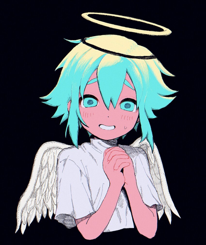 1boy alternate_costume angel angel_wings basil_(headspace)_(omori) basil_(omori) black_background green_eyes green_hair grin halo highres looking_at_viewer male_focus omori own_hands_clasped own_hands_together parted_lips shirt short_hair short_sleeves simple_background smile solo sweatdrop tate_ware_anal teeth upper_body white_shirt wings