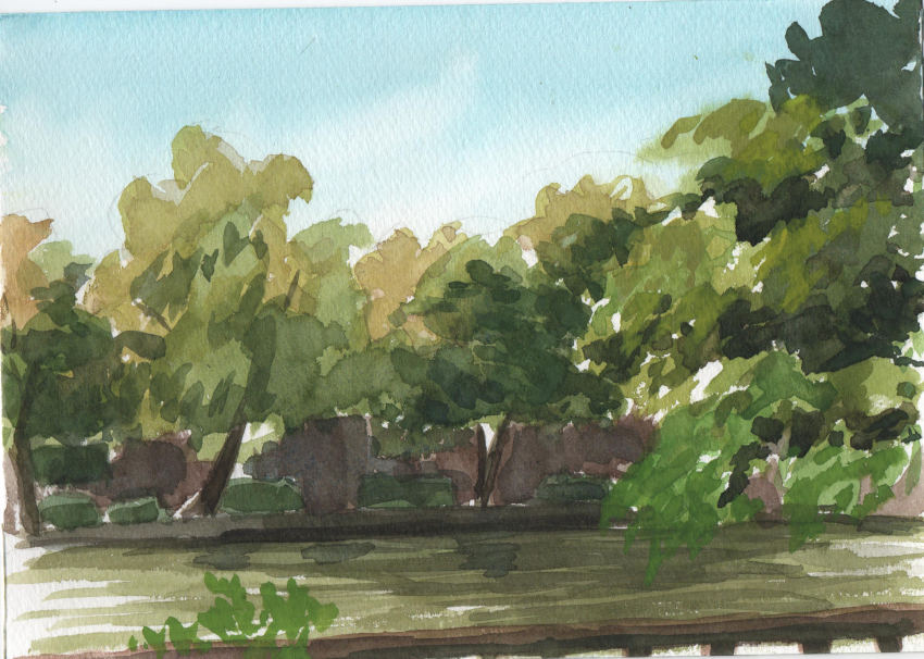 blue_sky bush cloud day forest fumeshi grass highres nature no_humans original outdoors painting_(medium) path plant pond road scenery shadow sky traditional_media tree water watercolor_(medium)
