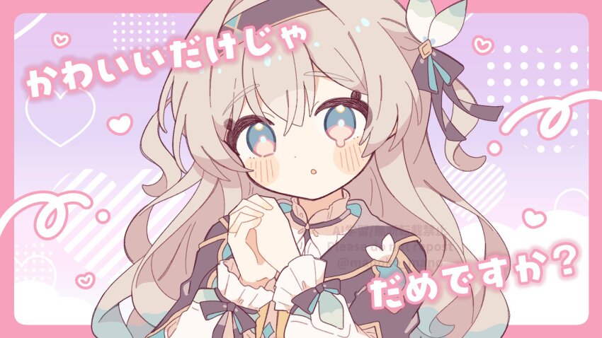 1girl :o black_hairband blush collared_shirt firefly_(honkai:_star_rail) frills green_pupils grey_hair hair_between_eyes hair_intakes hair_ornament hair_ribbon hairband heart highres honkai:_star_rail honkai_(series) interlocked_fingers jacket komano_shia long_hair multicolored_eyes multicolored_hair open_mouth own_hands_together ribbon shirt two-tone_eyes white_background white_shirt