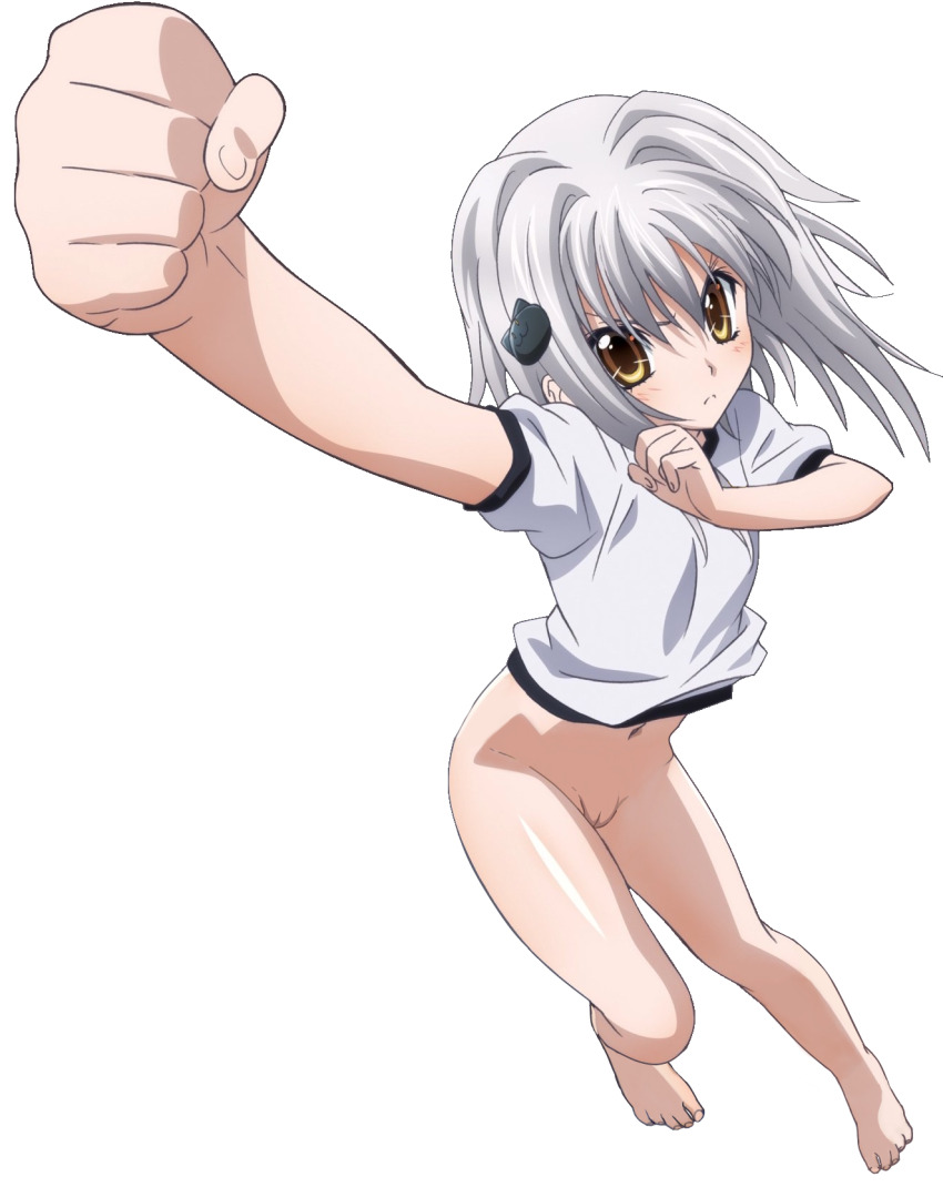 barefoot high_school_dxd highres pussy shirt toujou_koneko white_hair white_shirt yellow_eyes