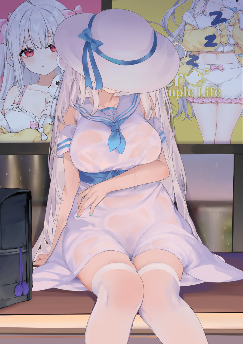 1girl absurdres black_bag breasts commentary_request dress hat highres large_breasts long_hair niliu_chahui on_bench original revision sailor_collar see-through_clothes see-through_dress sitting sleeping solo thighhighs thighs white_dress white_hair white_hat white_sailor_collar white_thighhighs zettai_ryouiki zzz