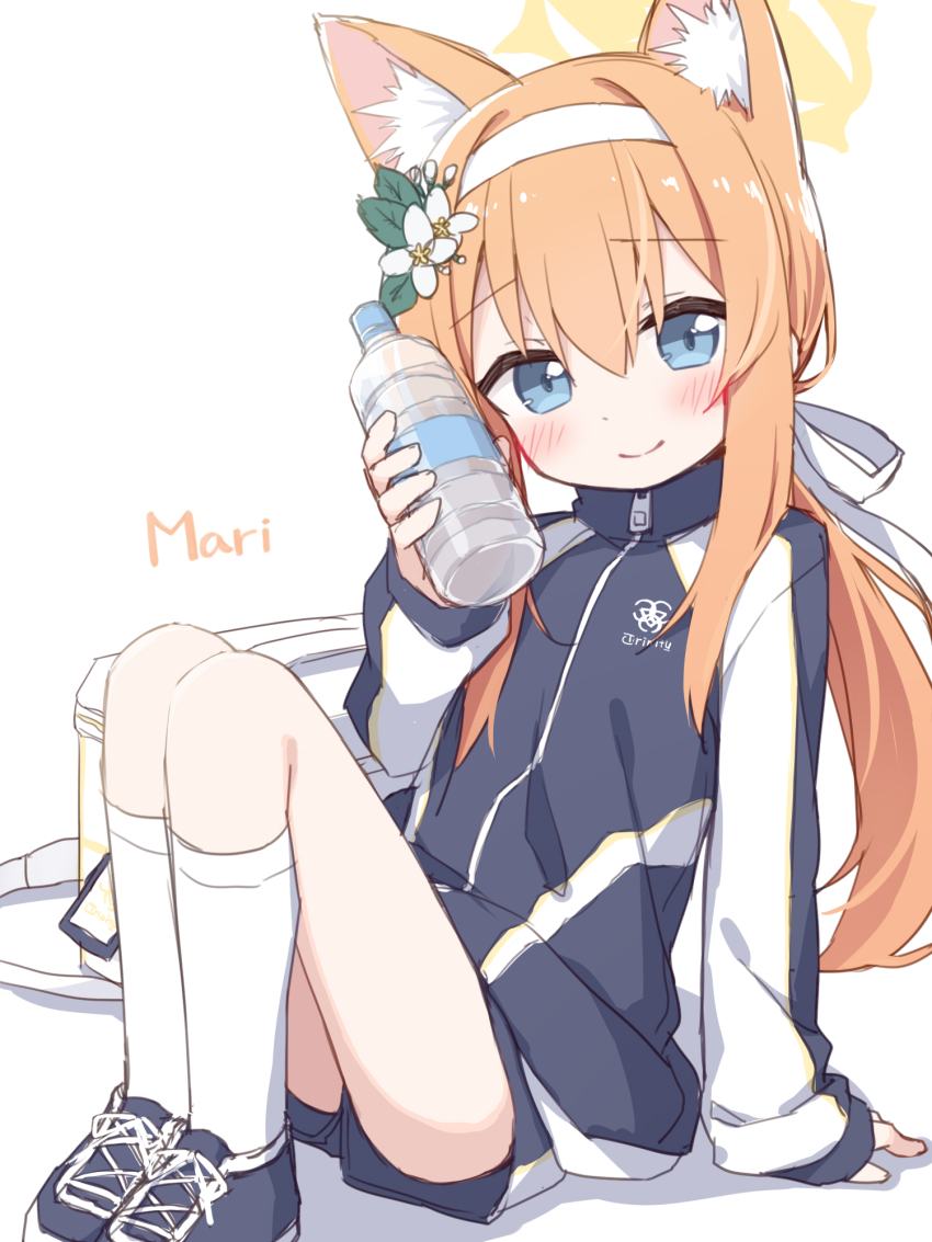1girl animal_ear_fluff animal_ears arm_support bag black_jacket black_shoes black_shorts blue_archive blue_eyes blush bottle cat_ears cat_girl character_name closed_mouth commentary_request flower gym_shorts hair_between_eyes hair_flower hair_ornament hairband halo hand_up highres holding holding_bottle jacket kneehighs knees_up long_hair long_sleeves looking_at_viewer low_ponytail mari_(blue_archive) mari_(track)_(blue_archive) orange_hair ponytail ribbon ribbon_hair shoes short_shorts shorts sidelocks simple_background sitting sleeves_past_wrists smile sneakers socks solo split_mouth track_jacket track_suit unworn_bag white_background white_bag white_flower white_hairband white_ribbon white_socks yellow_halo yuune_(ayanepuna) zipper_pull_tab