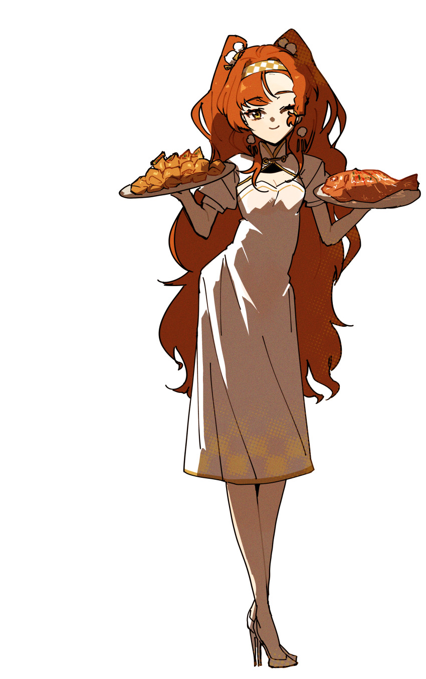 1girl ;) absurdres alternate_costume breasts cleavage cleavage_cutout clothing_cutout crossed_ankles dress earrings fish_(food) full_body hair_ornament hands_up high_heels highres jewelry long_dress long_hair looking_at_viewer one_eye_closed orange_hair plate pom_pom_(clothes) pom_pom_earrings pom_pom_hair_ornament puffy_short_sleeves puffy_sleeves reverse:1999 shoes short_sleeves smile solo sonetto_(reverse:1999) standing two_side_up very_long_hair white_background white_dress white_shoes yellow_eyes ziyunshanding