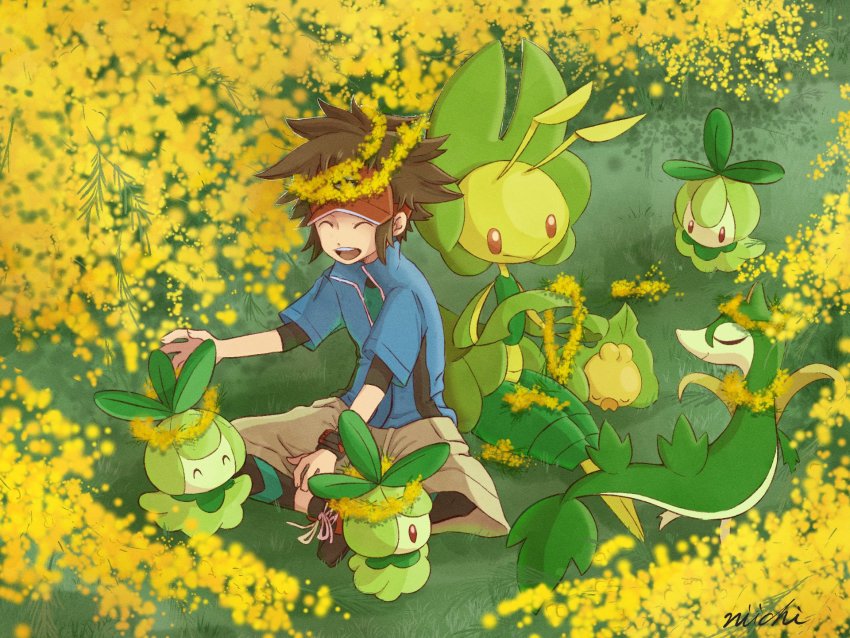 1boy :d blue_jacket bodysuit brown_hair closed_eyes commentary creatures_(company) day game_freak gen_5_pokemon grass highres jacket leavanny male_focus nate_(pokemon) niiichi_21pk nintendo open_mouth outdoors petilil pokemon pokemon_(creature) pokemon_bw2 servine sewaddle shoes short_hair shorts signature sitting smile teeth tongue upper_teeth_only visor_cap