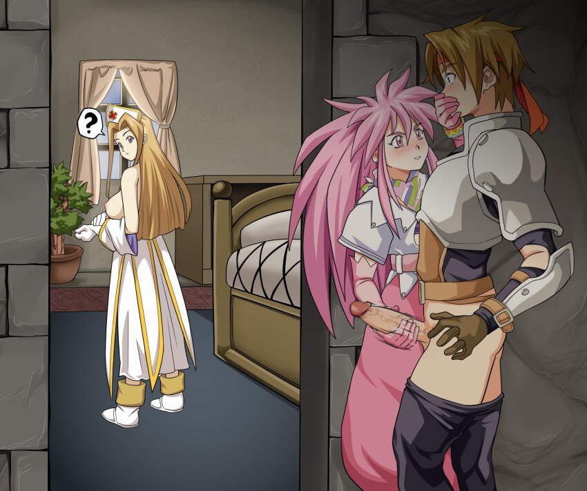 1boy 2girls ? arche_klein armor bed belt blonde_hair blue_eyes blush bracelet breasts brown_eyes brown_hair clothed_sex clothes_pull commission covering_another&#039;s_mouth cress_albane desk dress elbow_gloves gloves hair_intakes hand_over_another&#039;s_mouth handjob hat headband highres indoors inn jewelry large_breasts long_hair mint_adenade multiple_girls nurse_cap open_mouth pants pants_pull penis pink_eyes pink_gloves pink_hair pink_pants plant ponytail potted_plant rs40uchiha scarf smile stealth_handjob stealth_sex tales_of_(series) tales_of_phantasia voyeurism white_gloves wide_ponytail window