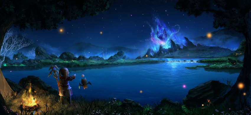 10s 1girl 3d bare_tree blurry campfire dark depth_of_field final_fantasy final_fantasy_xiv fire flower from_behind grass highres hill lake lalafell landscape light_particles long_hair moogle night pink_hair pointing sanyuejiuri scenery staff star_(sky) tree twintails water waterfall white_mage_(final_fantasy)