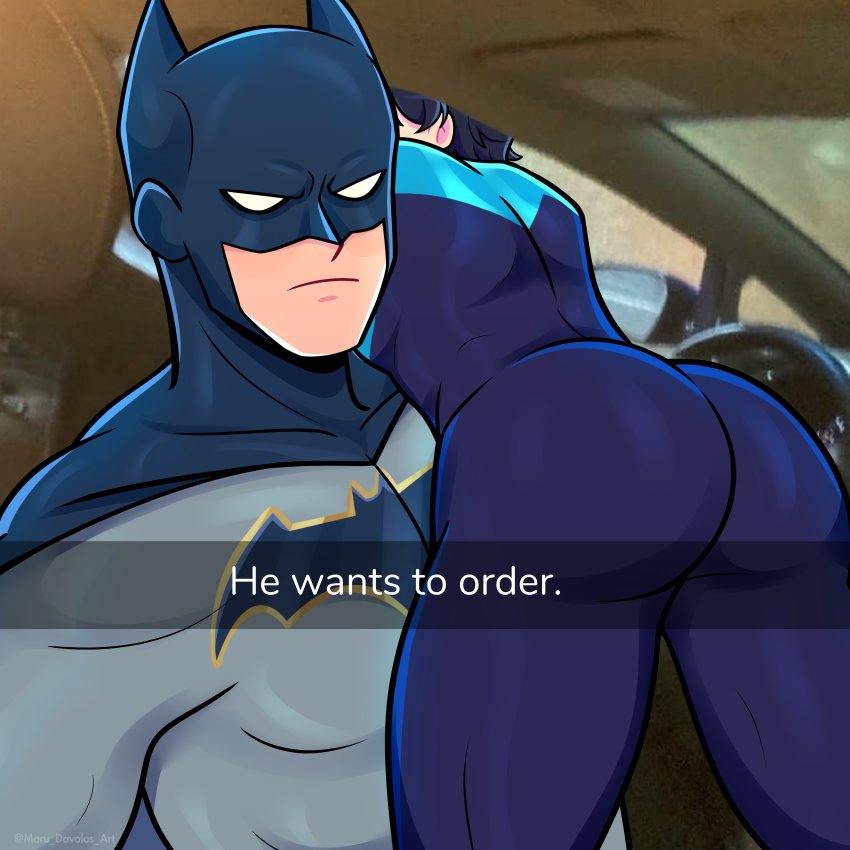 2boys absurdres ass ass_focus batman batman_(series) black_bodysuit black_cape blue_bodysuit bodysuit bruce_wayne cape closed_mouth dc_comics dick_grayson drive-thru english_text grey_bodysuit he_wants_to_order_(meme) highres looking_at_viewer lying_on_person male_focus marudavalosart mask meme multiple_boys nightwing rear-view_mirror selfie snapchat two-tone_bodysuit