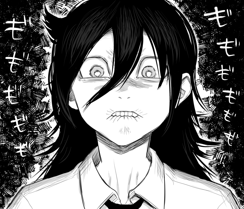 1girl absurdres angry biting_own_lip commentary_request frown greyscale hair_between_eyes highres koma_neko kuroki_tomoko monochrome necktie no_eyebrows portrait solo teeth watashi_ga_motenai_no_wa_dou_kangaetemo_omaera_ga_warui!