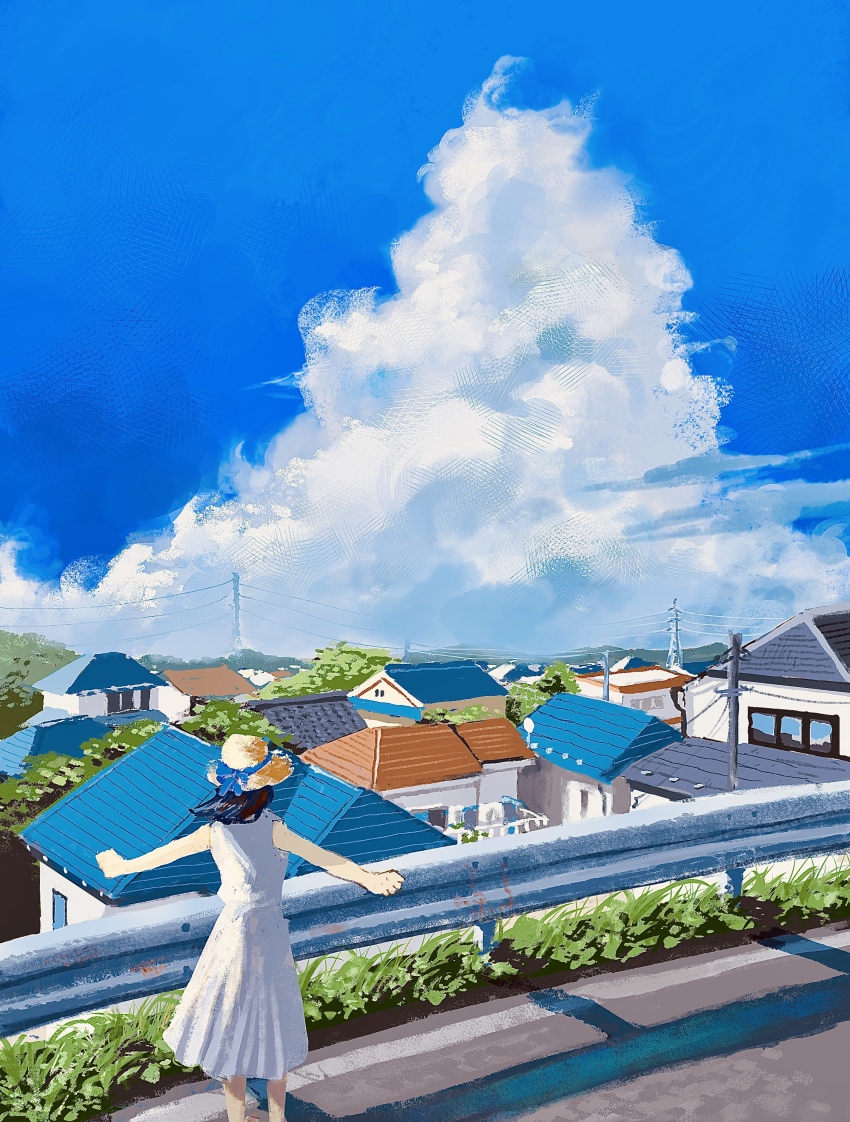 1girl absurdres black_hair blue_bow blue_sky bow brown_hat cloud cloudy_sky cumulonimbus_cloud dress facing_away floating_hair from_behind guard_rail hat hat_bow highres landscape long_dress long_hair meanstreet original outstretched_arms pleated_dress power_lines road scenery shadow sky sleeveless sleeveless_dress solo straw_hat suburb transformer white_dress wide_shot