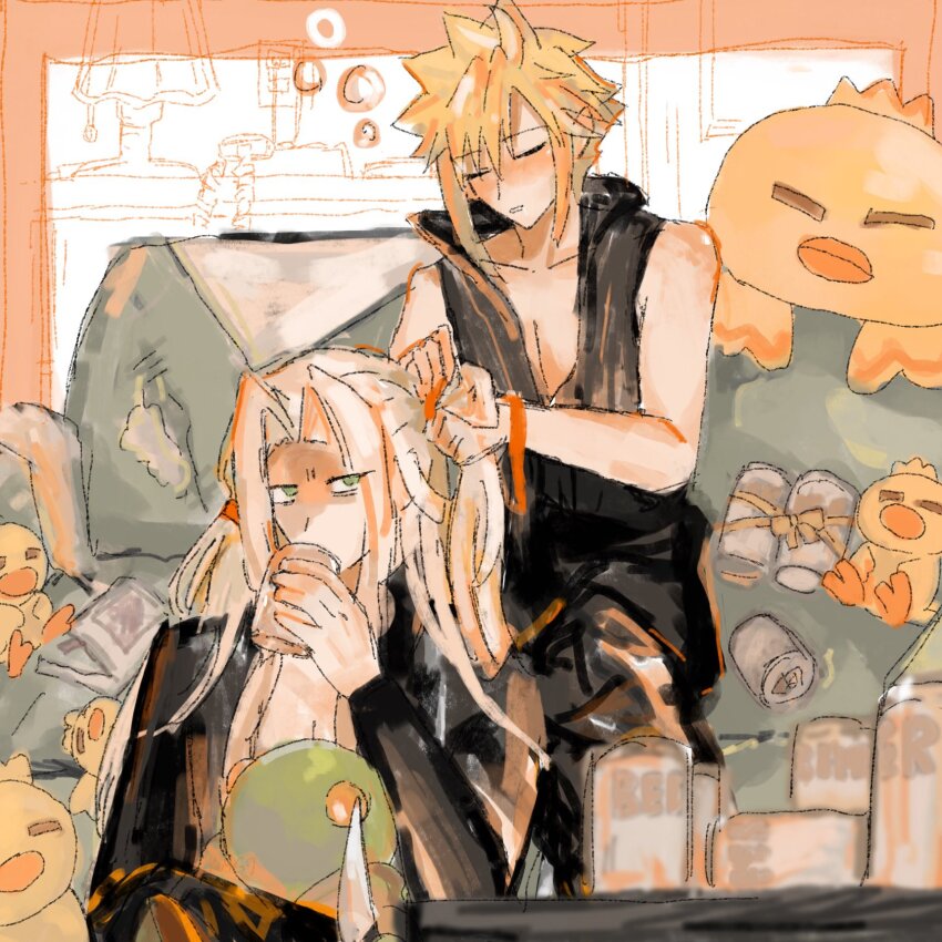 2boys beer_can blonde_hair can character_doll chocobo cloud_strife couch doll drink_can drinking final_fantasy final_fantasy_vii final_fantasy_vii_advent_children green_eyes grey_hair highres holding holding_can indoors kv9g7 lamp long_hair male_focus multiple_boys on_couch playing_with_another&#039;s_hair ponytail sephiroth sitting sleeping spiked_hair stuffed_animal stuffed_toy table tonberry yaoi