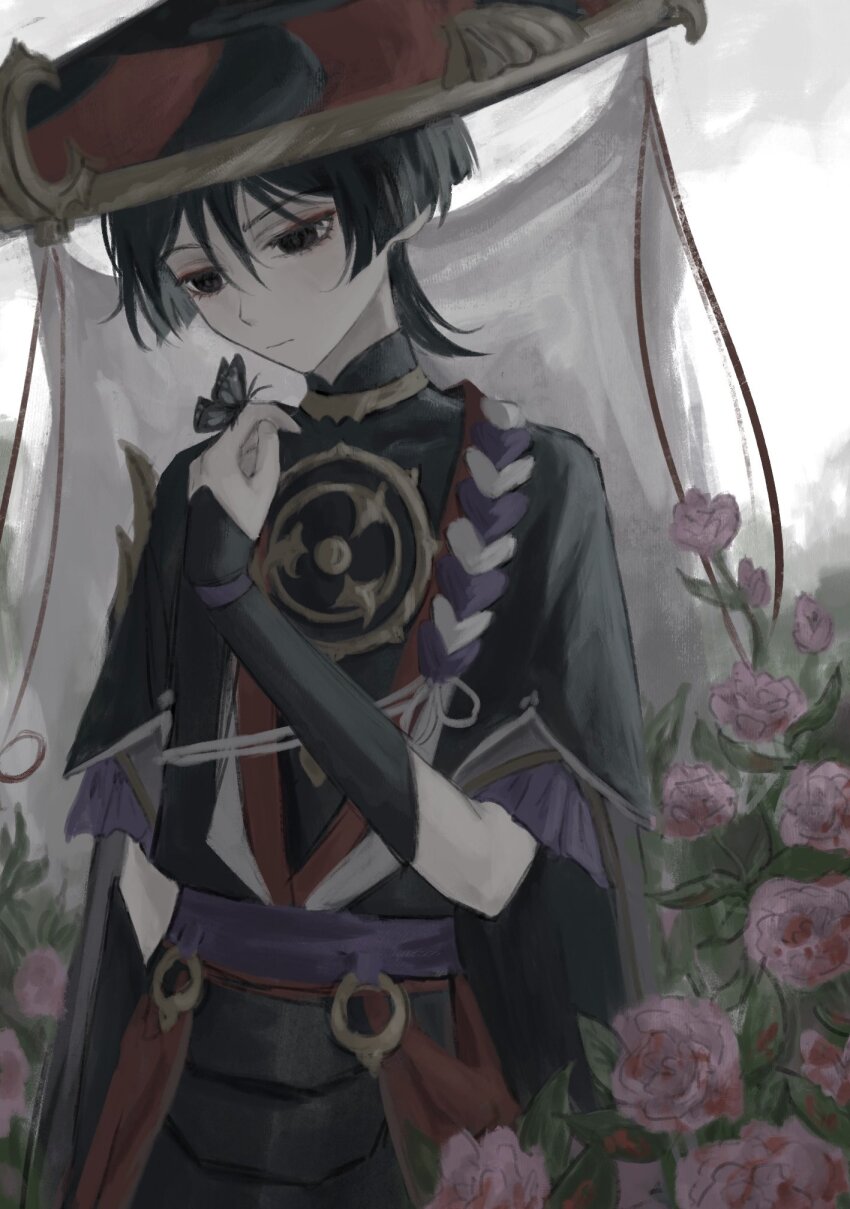 1boy arm_at_side armor black_bodysuit black_butterfly black_eyes black_hair black_hat black_kimono black_sleeves blood_on_flower blunt_ends bodysuit bug butterfly butterfly_on_hand closed_mouth empty_eyes eyelashes eyeliner eyeshadow flower frilled_sleeves frills furisode genshin_impact gold gold_trim grey_veil hair_between_eyes hand_up hat highres insect japanese_armor japanese_clothes jewelry jingasa juban kimono kote kurokote layered_sleeves leaf makeup male_focus mandarin_collar mitsudomoe_(shape) neck_ring o-ring open_clothes open_kimono outdoors overcast painterly pink_flower pink_rose purple_rope purple_sash purple_sleeves red_eyeliner red_eyeshadow red_hat red_kimono red_sash rope rose sash scaramouche_(genshin_impact) shimenawa short_sleeves single_sode sky solo tomoe_(symbol) two-tone_hat upper_body veil white_kimono white_rope yoruli_e