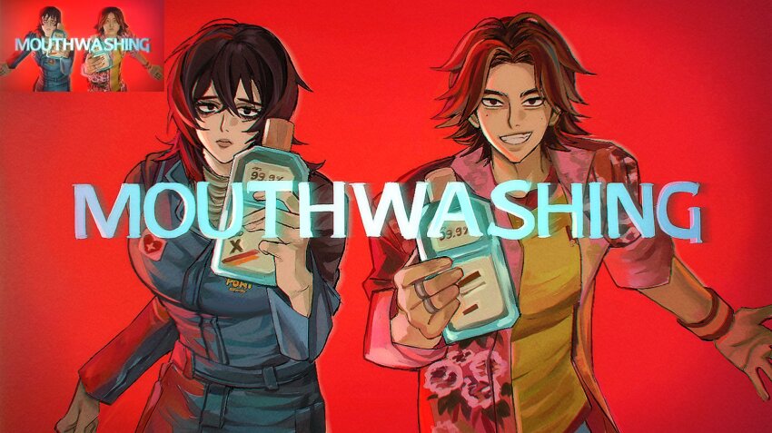 1boy 1girl anya_(mouthwashing) black_eyes black_hair blue_jumpsuit bottle brown_hair copyright_name daisuke_(mouthwashing) frown grin highres holding holding_bottle jacket jumpsuit looking_at_viewer medium_hair mole mole_on_cheek mole_under_eye mouthwash mouthwashing pink_jacket po9046 red_background reference_inset shirt short_hair smile yellow_shirt
