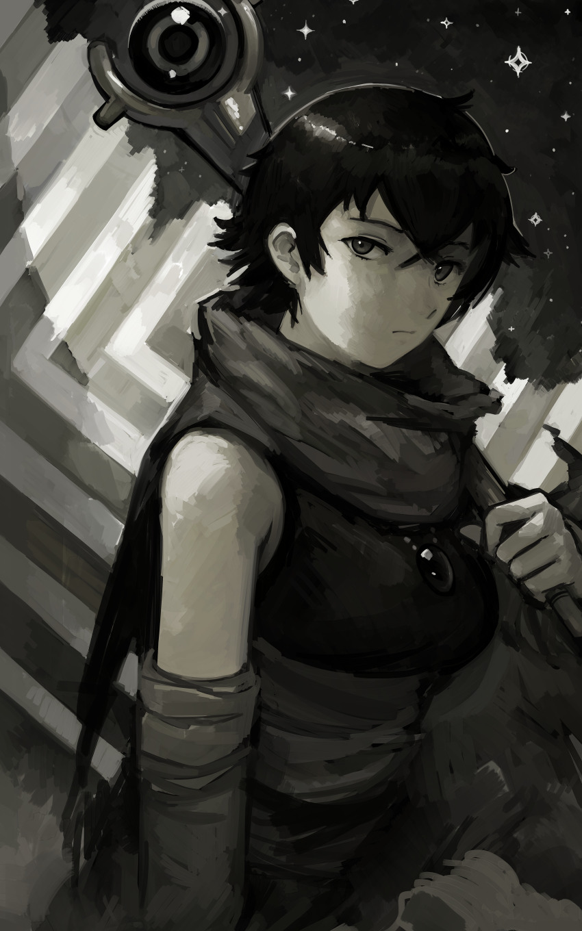 1girl absurdres arm_wrap breasts from_side gray_(void_stranger) greyscale highres holding holding_staff jewelry kornod looking_at_viewer medium_breasts monochrome pendant sash scarf short_hair solo staff star_(sky) void_stranger